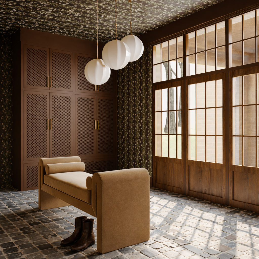 Elegant mudroom interior with custom built-ins and globe pendants